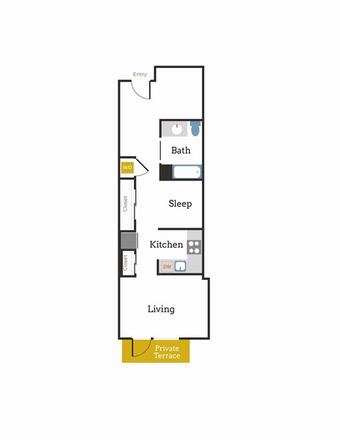 Floor plan for 1 bed, 1 bath, 763 sqft